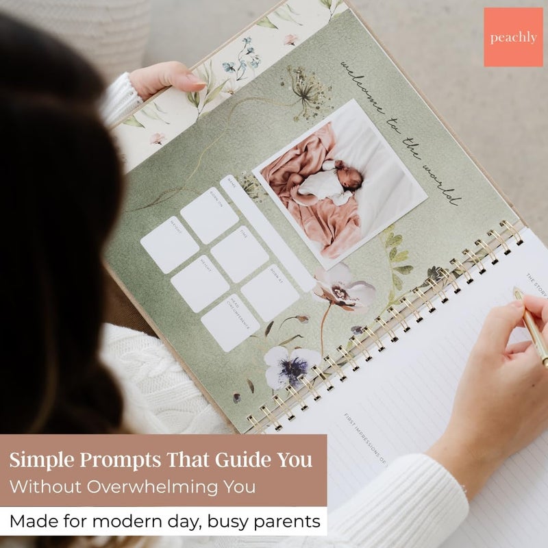 Peachly Baby Book for Girl | Minimalist Baby Memory Book | First Year Baby Book Keepsake for Milestones and Memories | Simple Baby Scrapbook Linen Cover - Fleur - Image 4